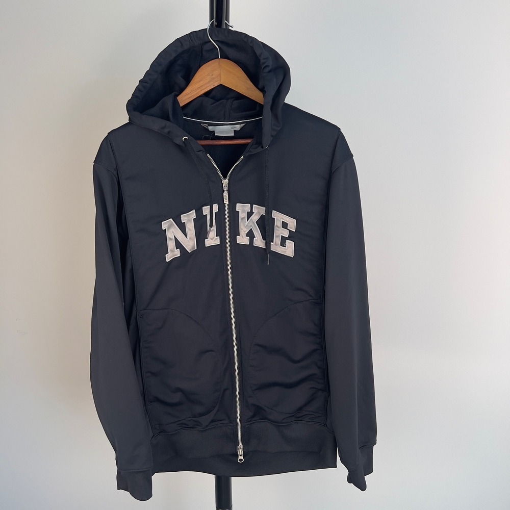 Nike Mens Medium Black Full Zip Track Hoodie Spellout Applique Logo Y2K RN56323